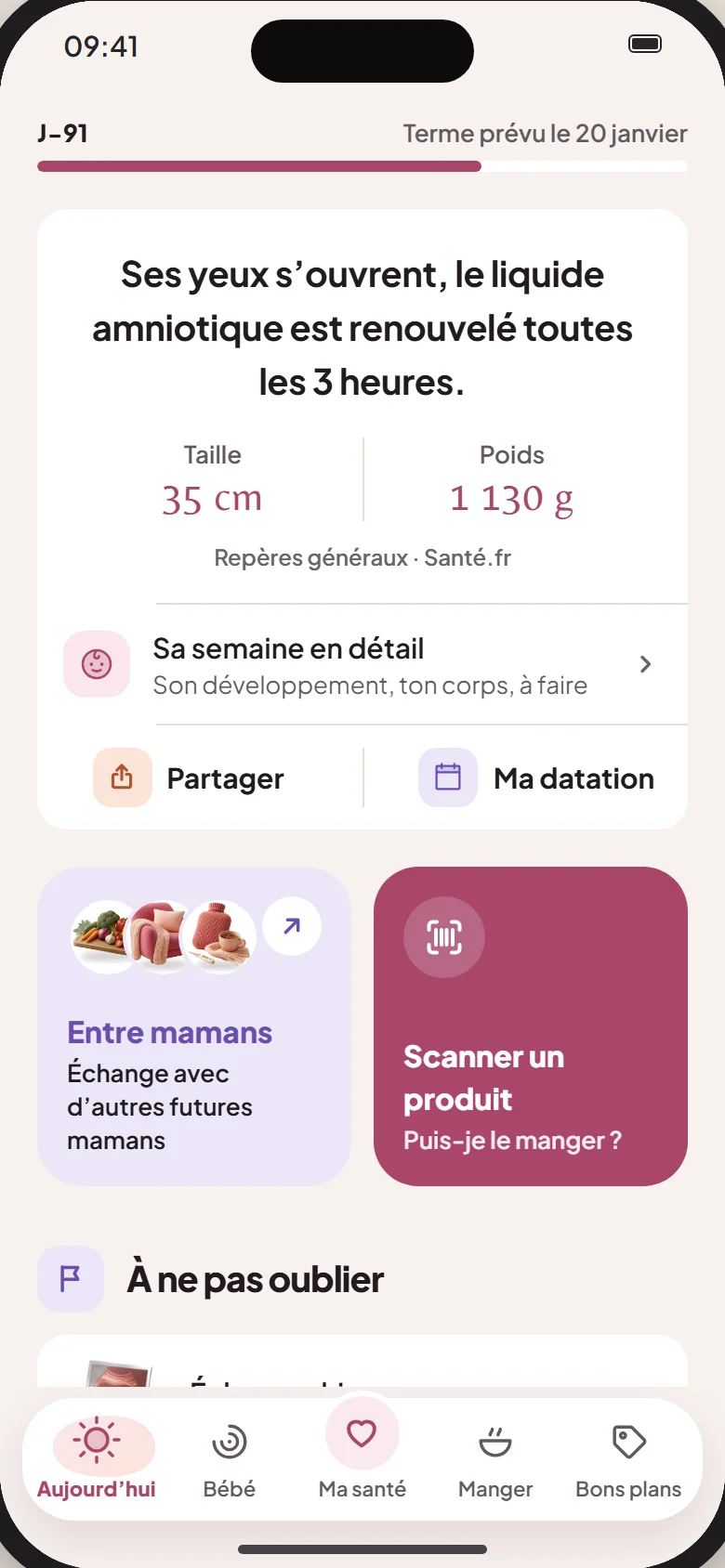 L’accueil : la taille et le poids de bébé, puis les widgets « Entre mamans » et « Scanner un produit »