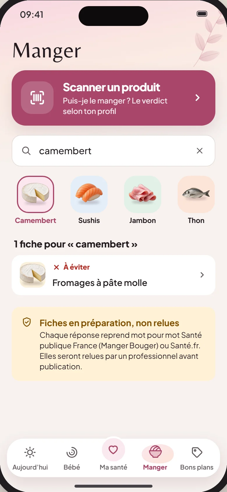 La recherche d’aliments : « camembert » trouve la fiche Fromages à pâte molle, à éviter