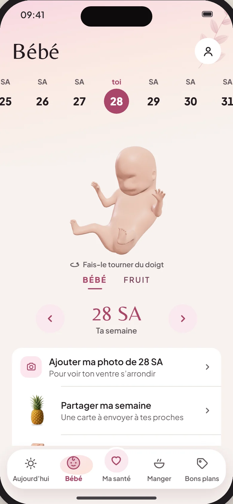 L’onglet Bébé : la frise des semaines avec 28 SA au milieu, le bébé de la semaine et la carte « Partager ma semaine »