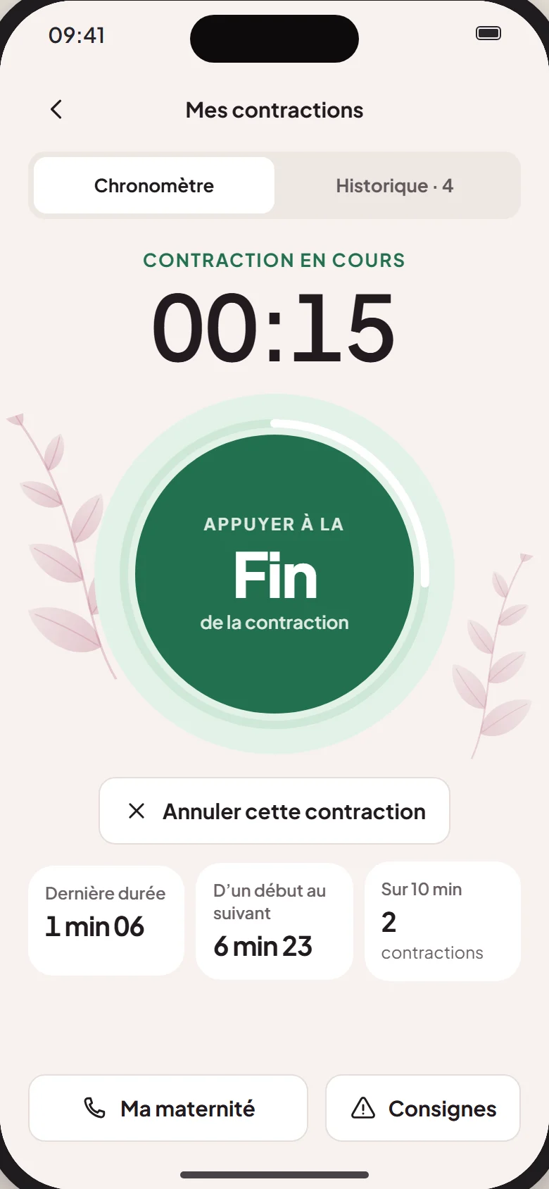 Le chrono des contractions : une contraction en cours, la durée et l’écart des précédentes, le bouton Ma maternité