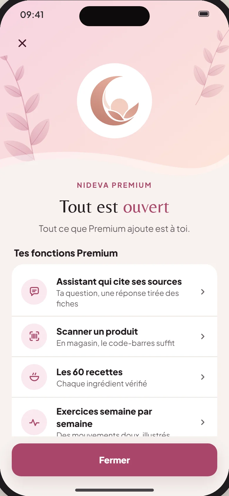 La page Premium : l’assistant qui cite ses sources, le scanner, les 60 recettes, les exercices