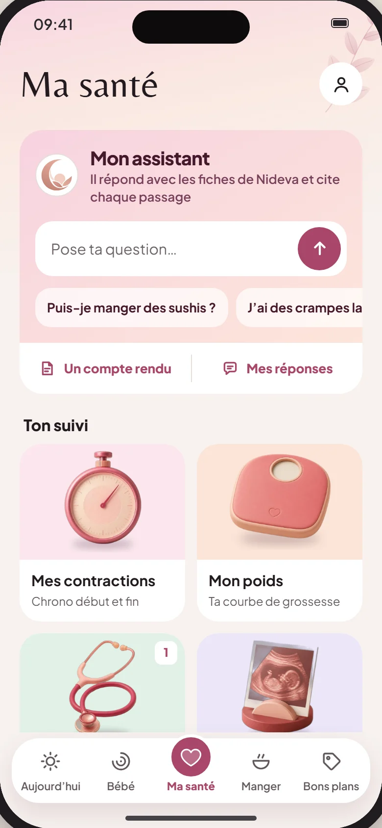 Ma santé : Mon assistant en tête, le champ « Pose ta question », des idées de questions, puis Ton suivi