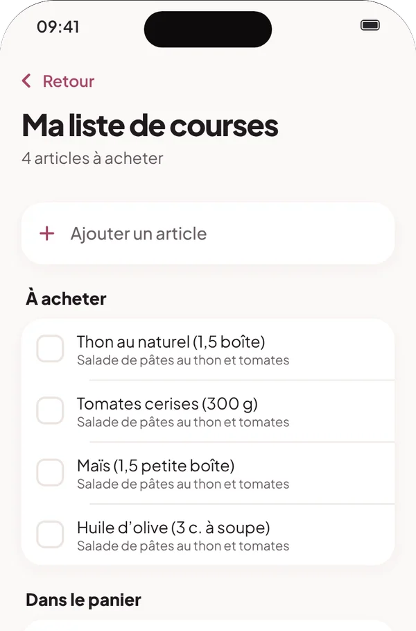 Écran Ma liste de courses : les ingrédients d’une recette à acheter