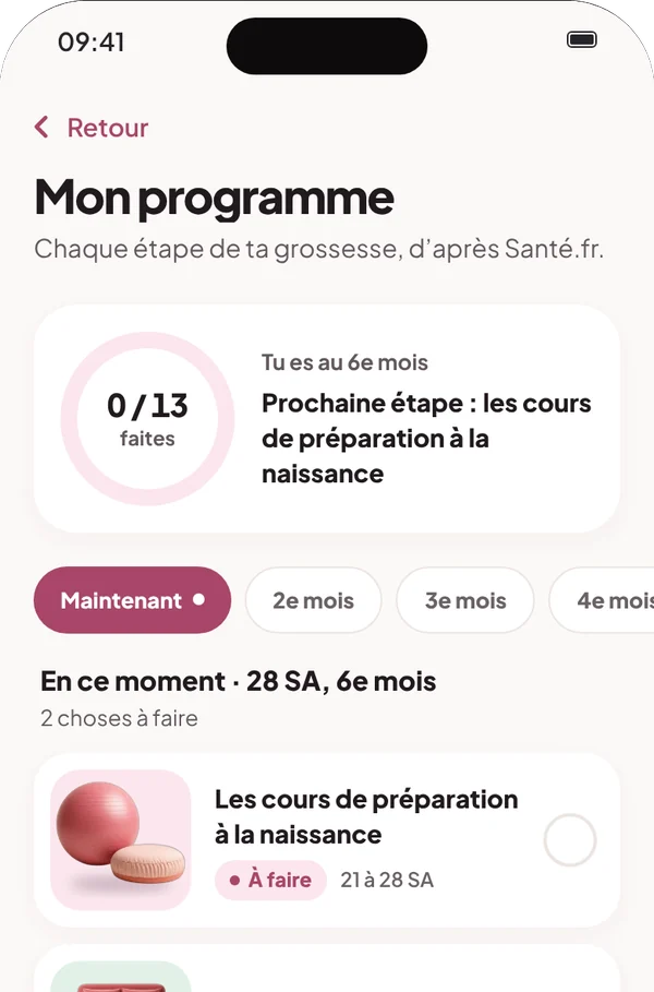 Écran Mon programme : chaque étape de la grossesse, mois par mois