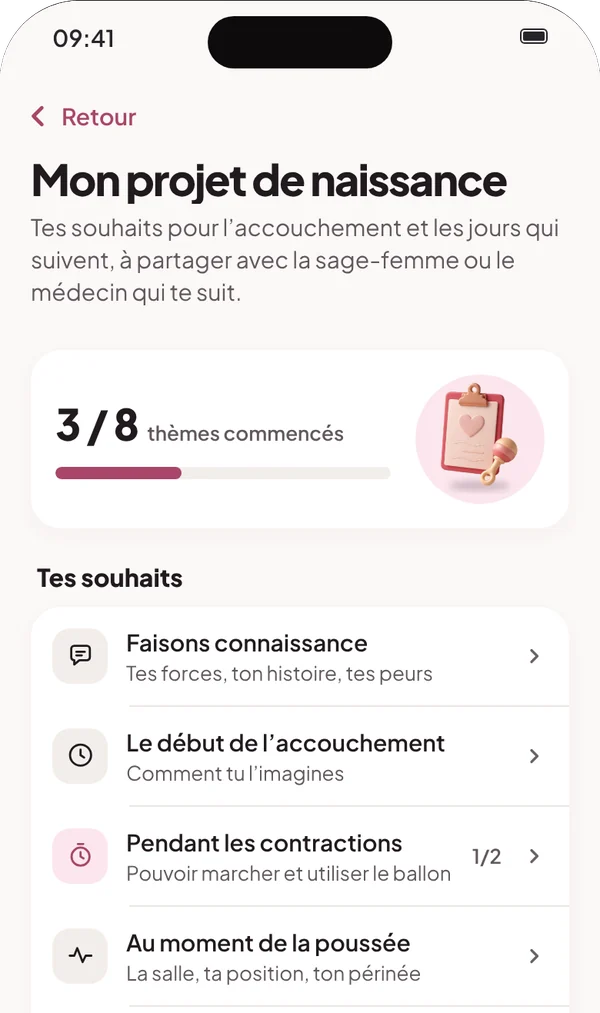 Écran Mon projet de naissance : trois thèmes commencés sur huit, avec les réponses notées