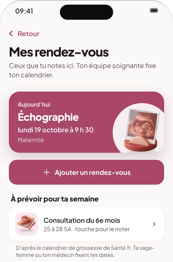 Écran Mes rendez-vous : l’échographie notée pour aujourd’hui et la consultation à prévoir