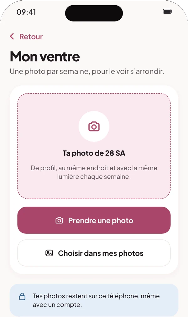 Écran Mon ventre : la photo de 28 SA à prendre de profil, au même endroit chaque semaine
